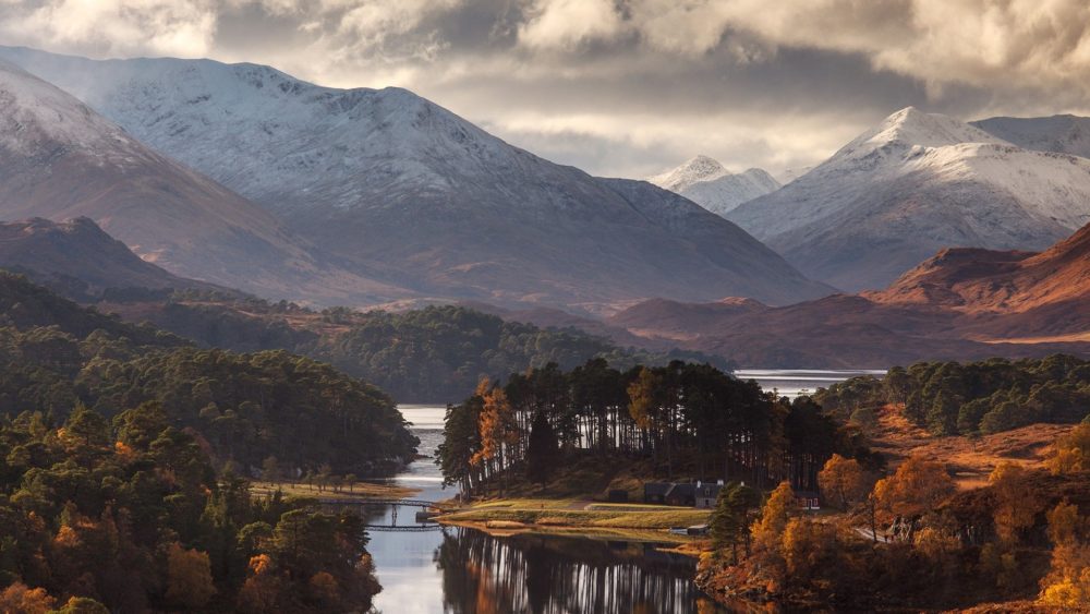 landscape of river, trees and mountain